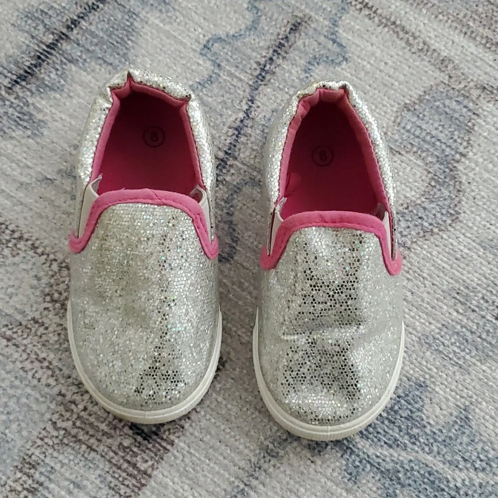 Toddler Girls Silver Coated Glitter Slip-on Sneakers Shoes Sz8